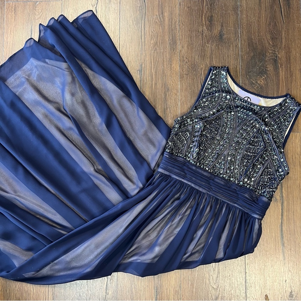 JS‎ Collections Formal Beaded Chiffon Navy Blue Maxi Dress SZ 6